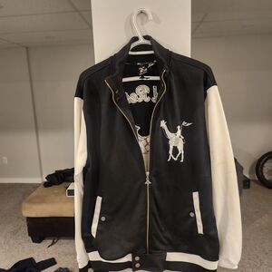 LRG Black and White Zip-Up Sweater with Embroidered Camel